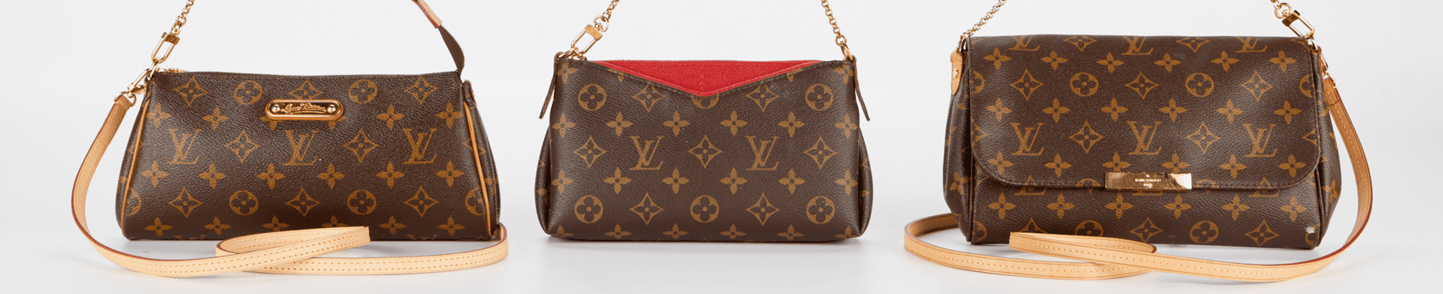 Three Louis Vuitton monogram canvas handbags — designer bags we accept for consignment