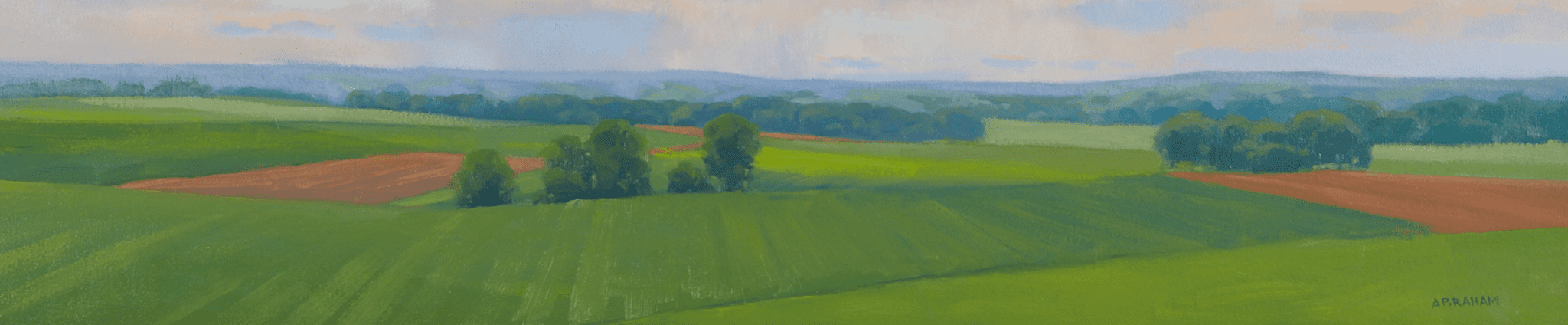 Panoramic oil landscape of rolling green farmland — an example we appraise for insurance