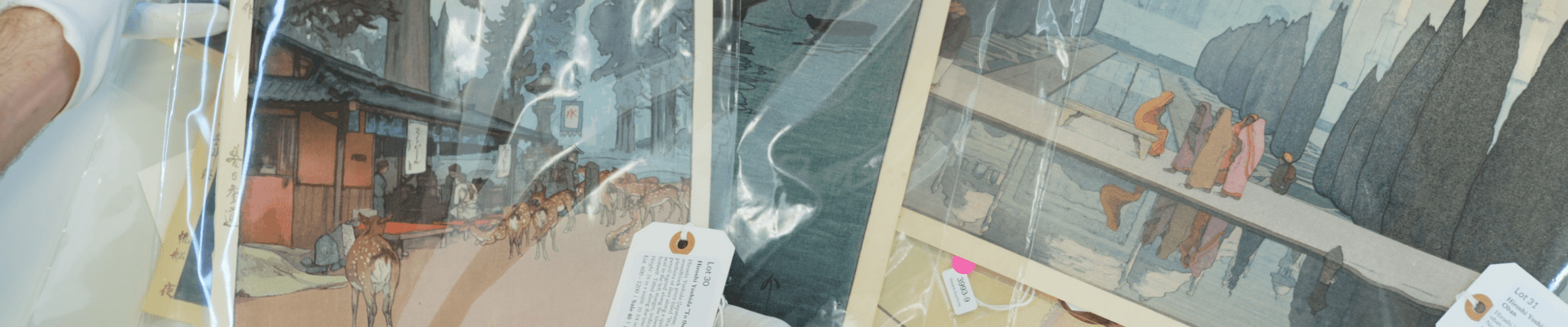 Hiroshi Yoshida Japanese woodblock prints tagged for appraisal and valuation