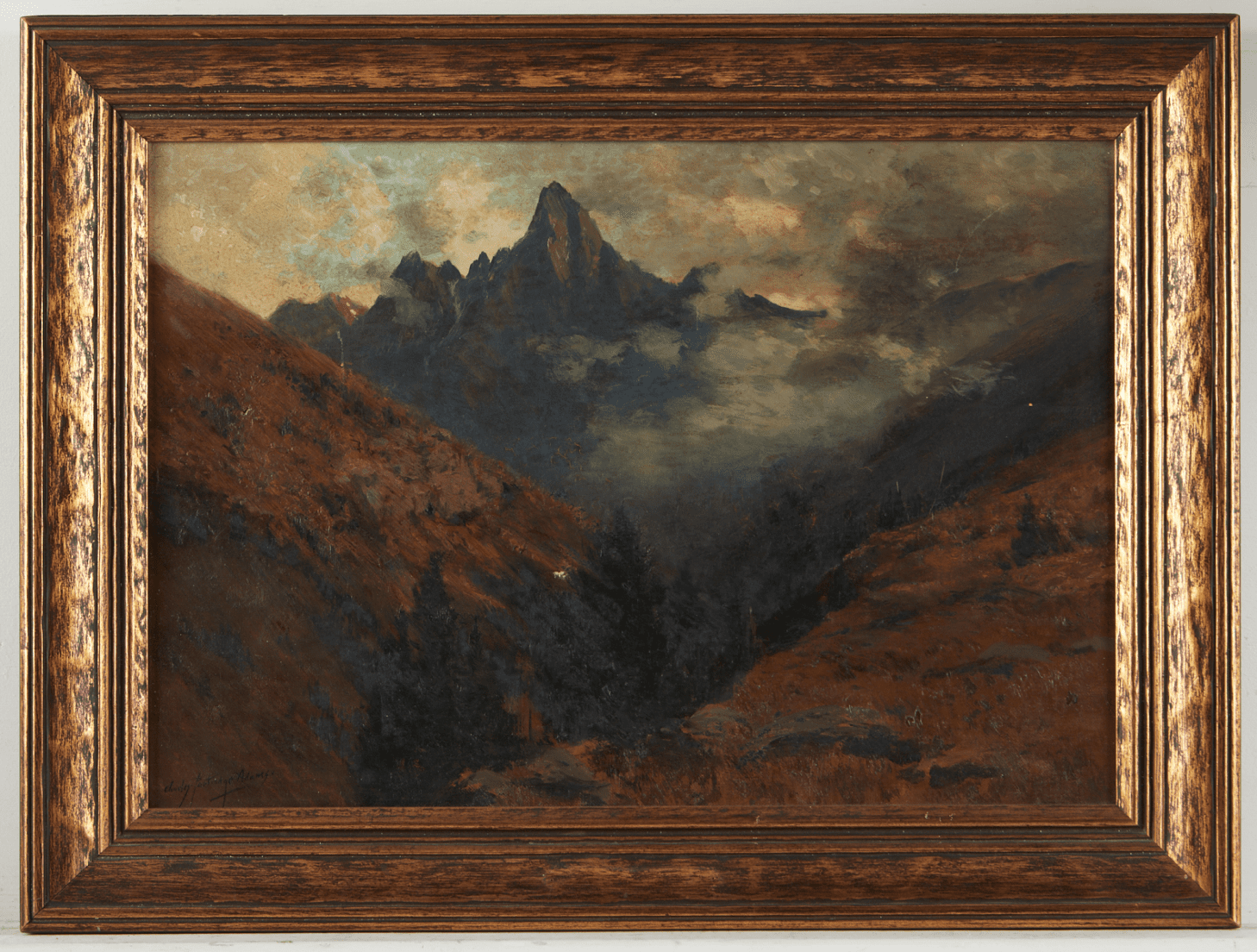 Charles Partridge Adams mountain landscape oil, shown before restoration