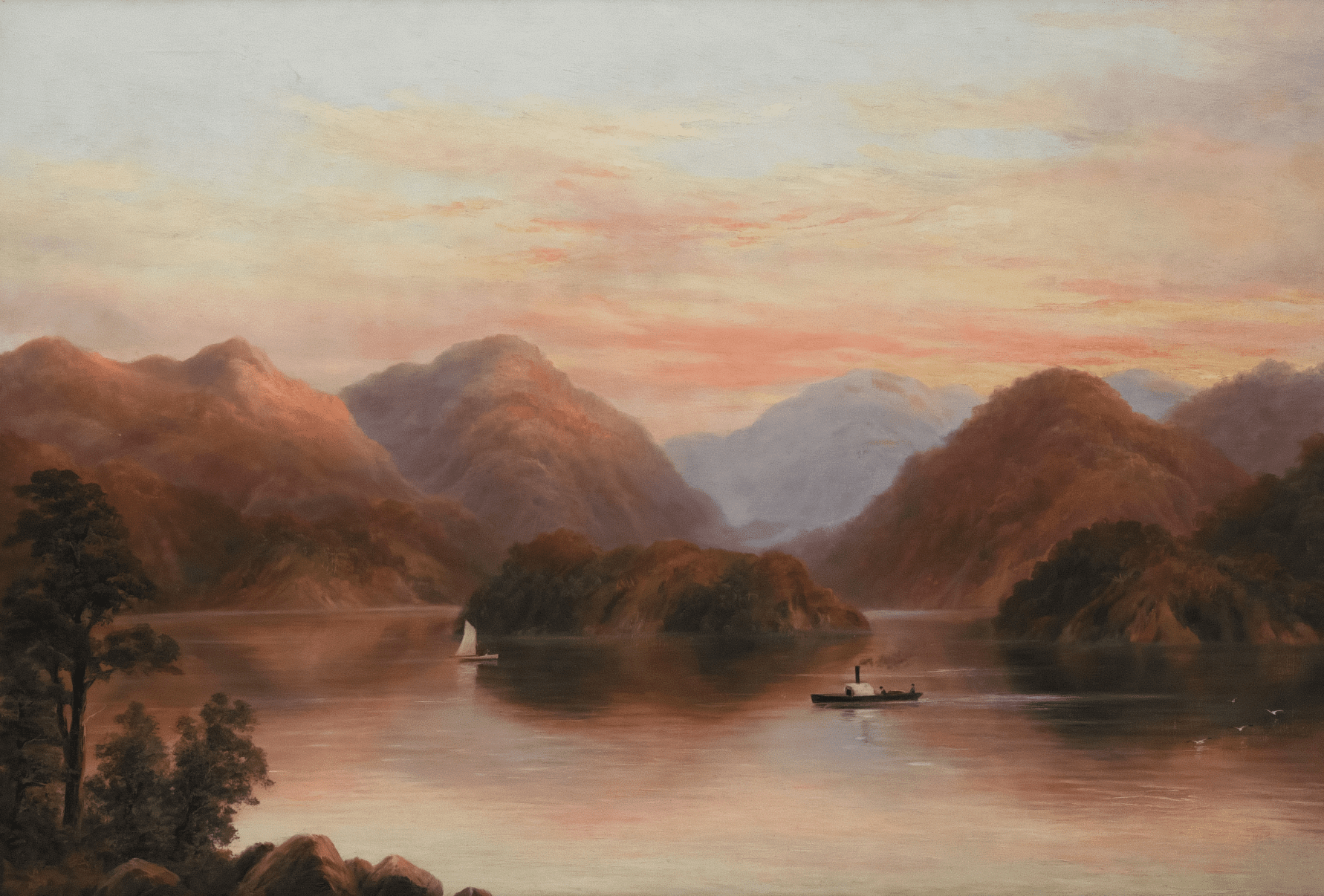 Romantic mountain-and-lake sunset landscape painting — Fine Art we appraise for sellers