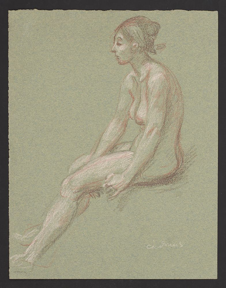 Paul Cadmus Female Nude Sketch Crayon on Green Paper