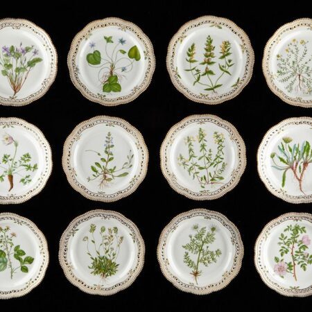 Set of 12 Flora Danica Reticulated Dinner Plates