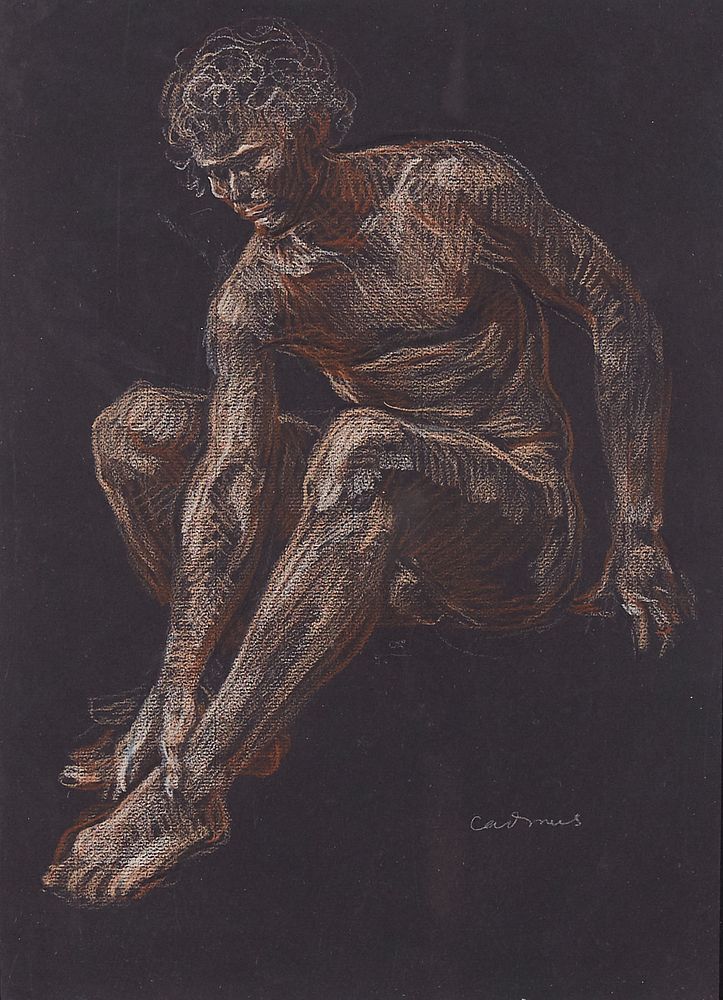 Paul Cadmus Seated Male Nude Crayon on Black Paper