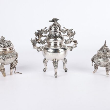 3 Silver Chinese Export Tripod Censers