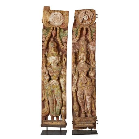 Pair of Indian Polychrome Carved Temple Panels