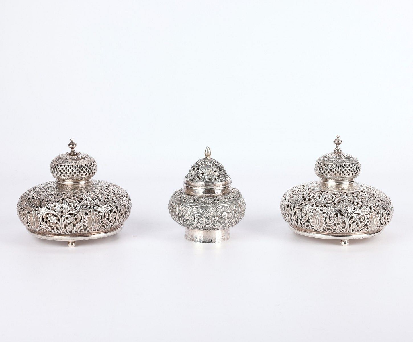 le_pho_banner 2 Group of 3 Silver Indian Lidded Jars Potpourri