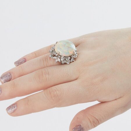 Very Large Opal & Diamond White Gold Ring