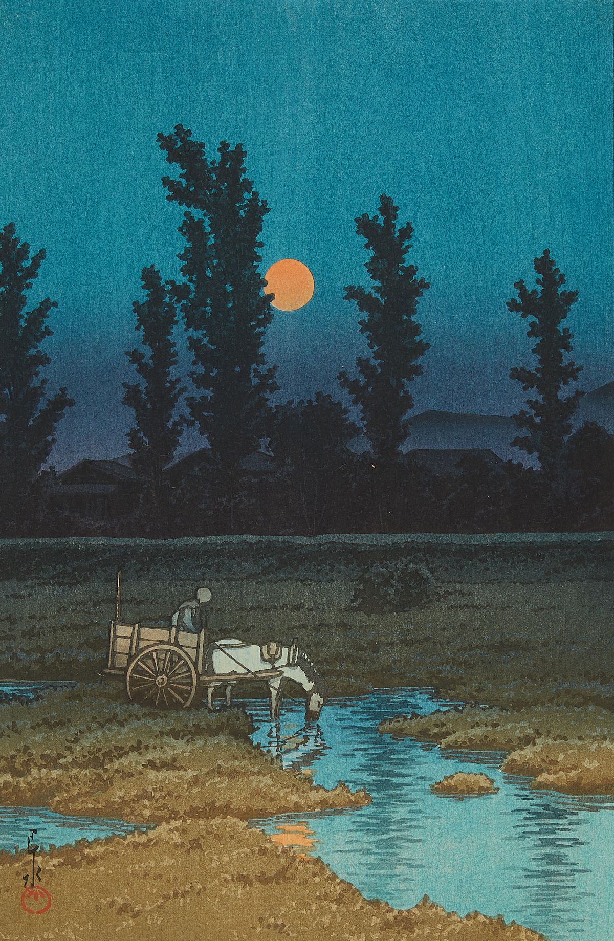 le_pho_banner 2 Hasui Kawase "Evening Moon at Nakanoshima" Print