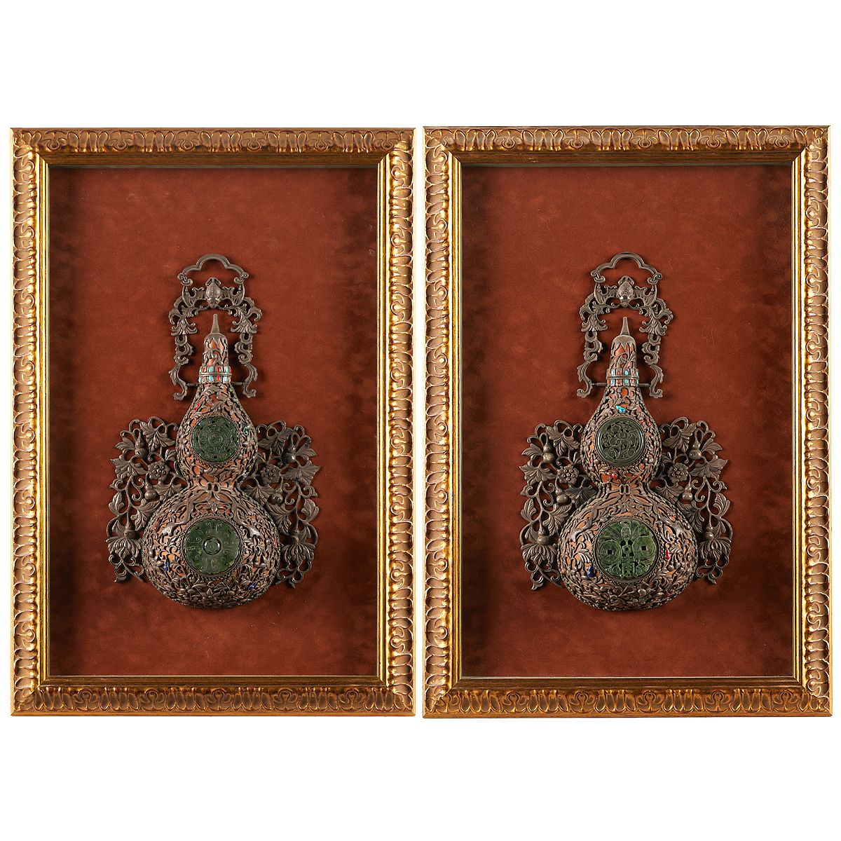 le_pho_banner 2 Pair Chinese Double Gourd Jade & Silver Vases