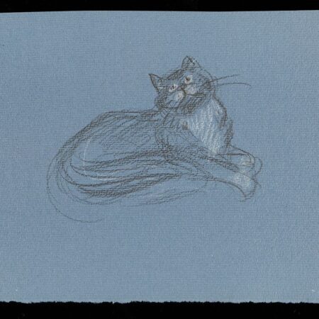 Paul Cadmus Cat Crayon on Blue Paper Sketch