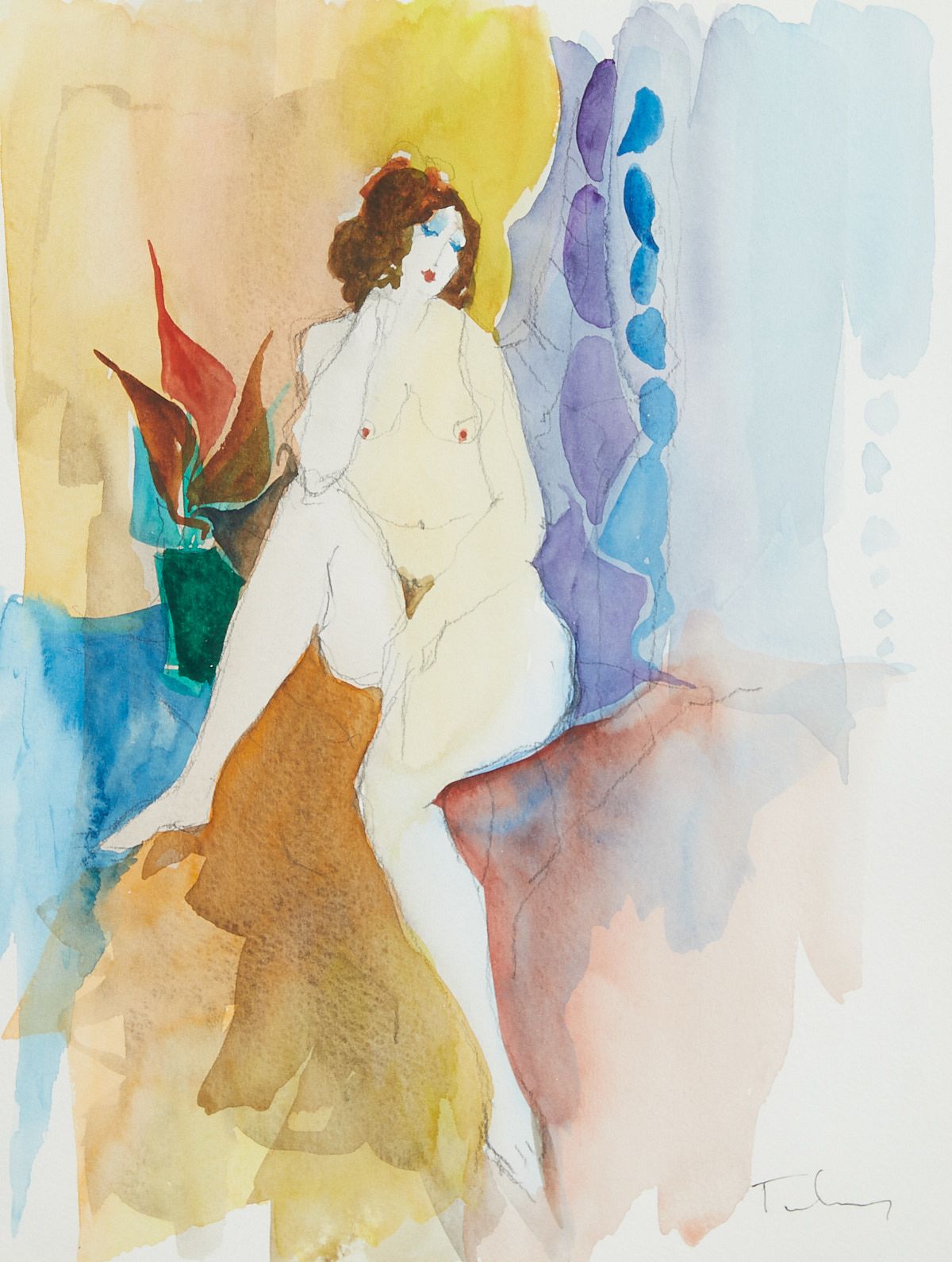 Itzchak Tarkay Nude Watercolor Painting