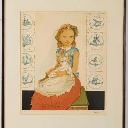 Foujita Jeune Fille Assise avec un Chat 1956 Color Lithograph on Paper