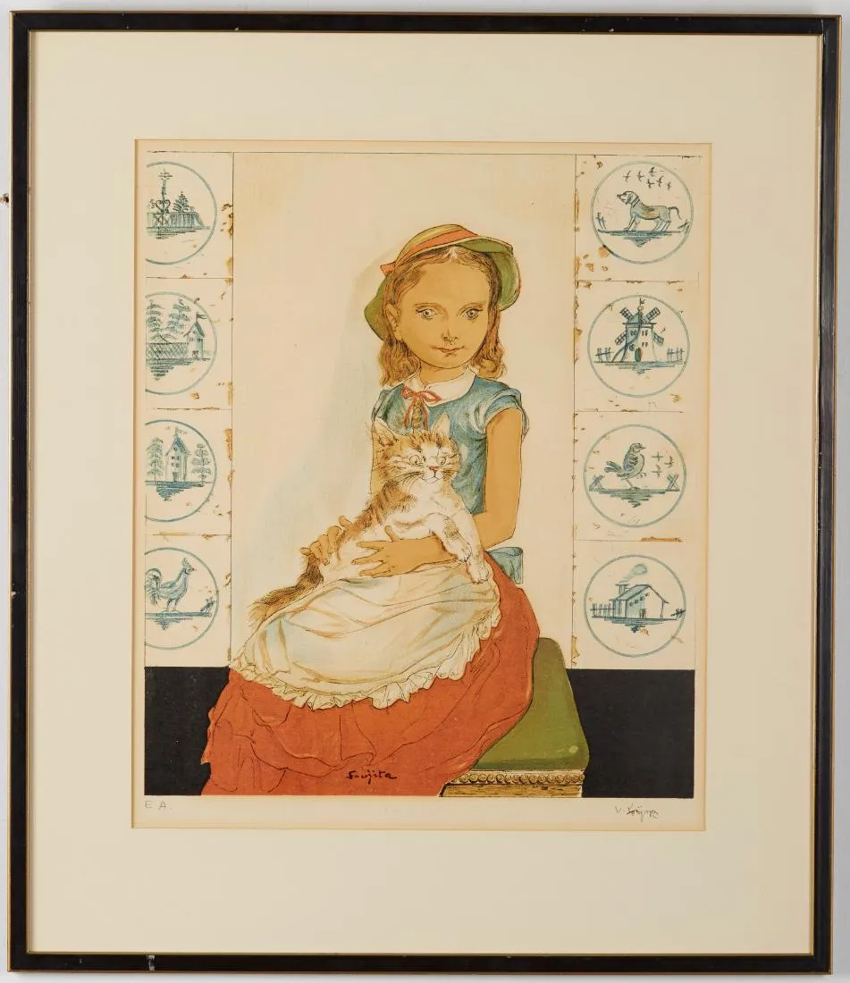 Foujita Jeune Fille Assise avec un Chat 1956 Color Lithograph on Paper