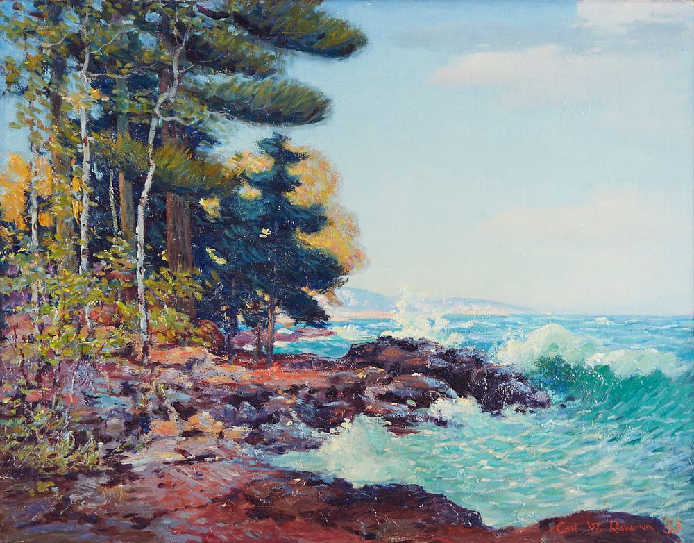 le_pho_banner 2 Carl Rawson Lake Superior with Trees Oil on Board