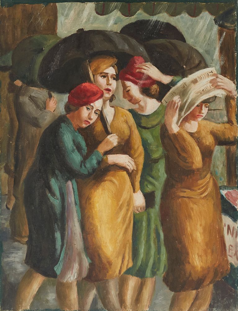 le_pho_banner 2 WPA Era Painting Women in the Rain Oil on Canvas