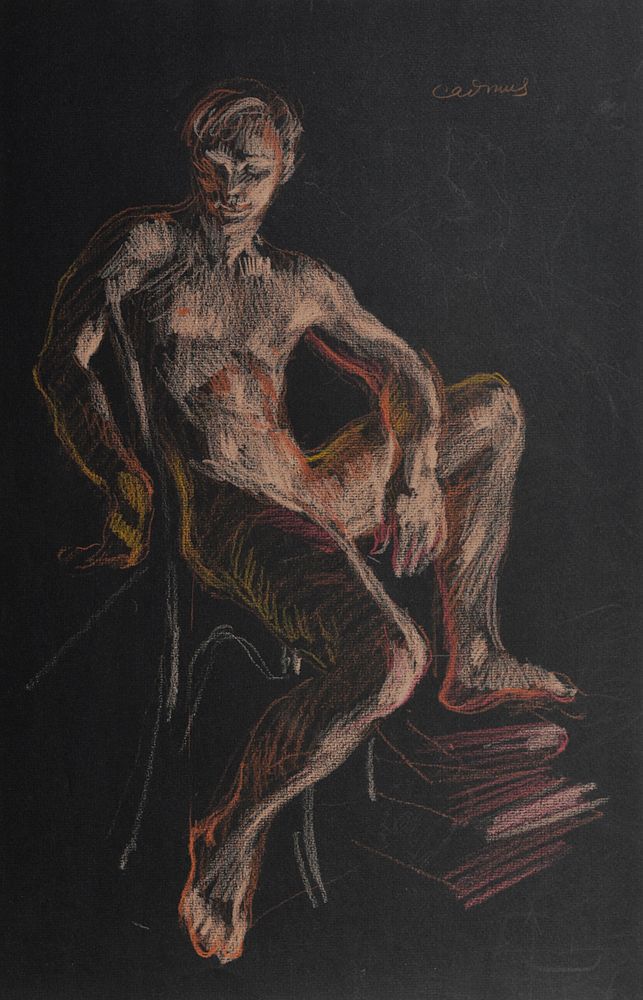 Paul Cadmus Seated Male Nude Crayon on Black Paper