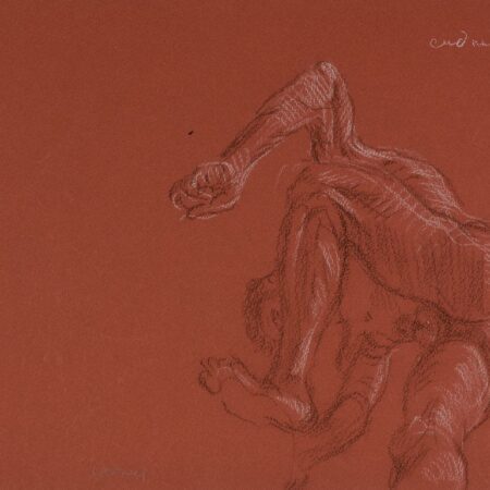 Paul Cadmus Male Nude in Dynamic Pose Crayon on Red Paper