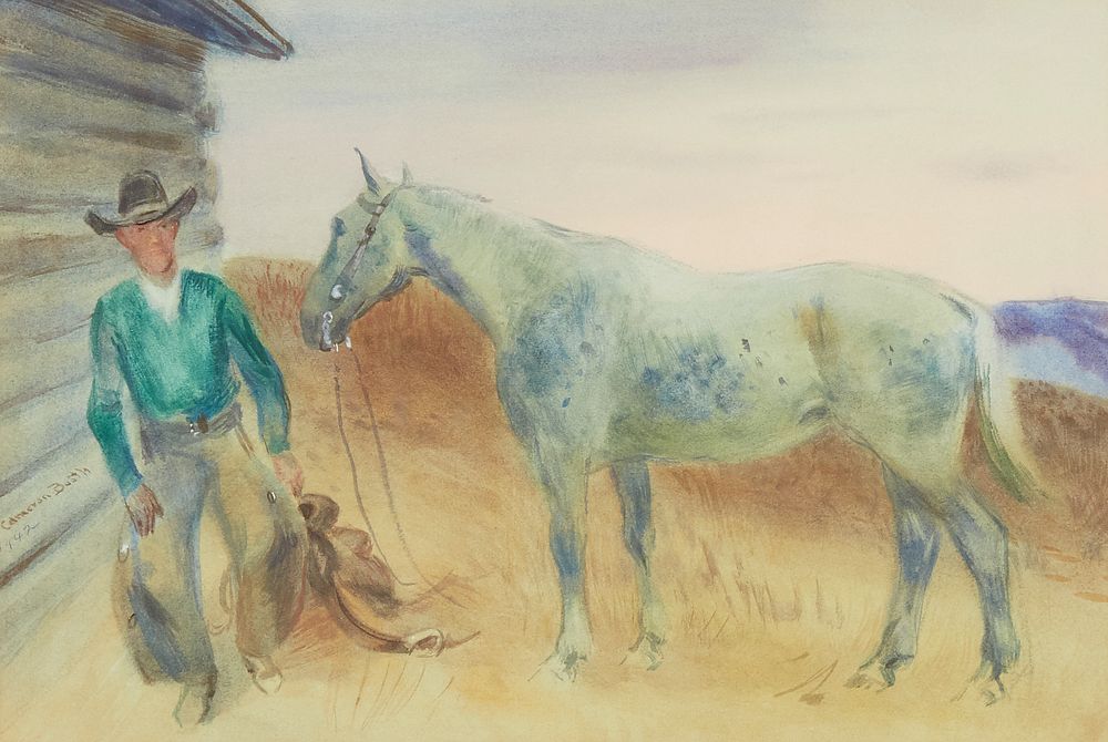 Cameron Booth "Dude Kelly and White Horse" Watercolor on Paper