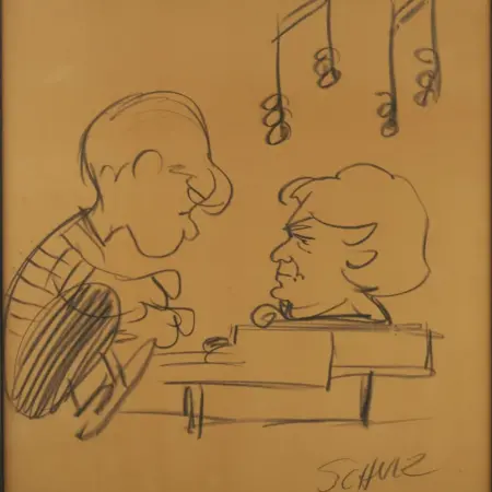 Charles Schulz Drawing of Schroeder w/ Piano w/ Letter