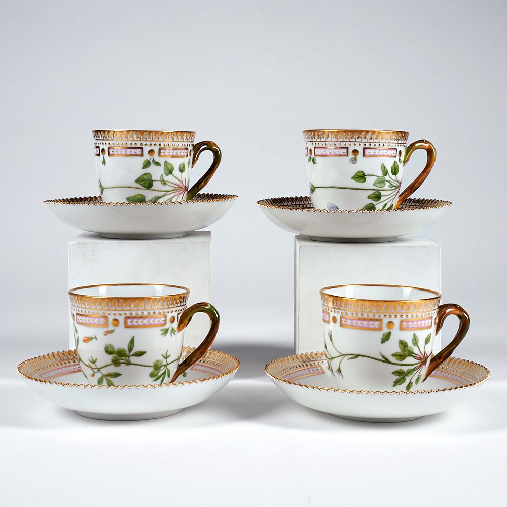 Set of 4 Flora Danica Saucers & Teacups