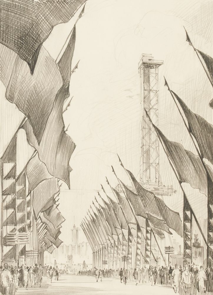 le_pho_banner 2 Leon Pescheret "Avenue of Flags Chicago Fair 1934" Graphite Drawing