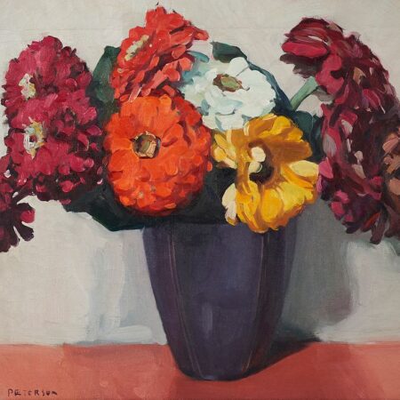 Jane Peterson "Nine Zinnias in Purple Vase" Oil on Canvas