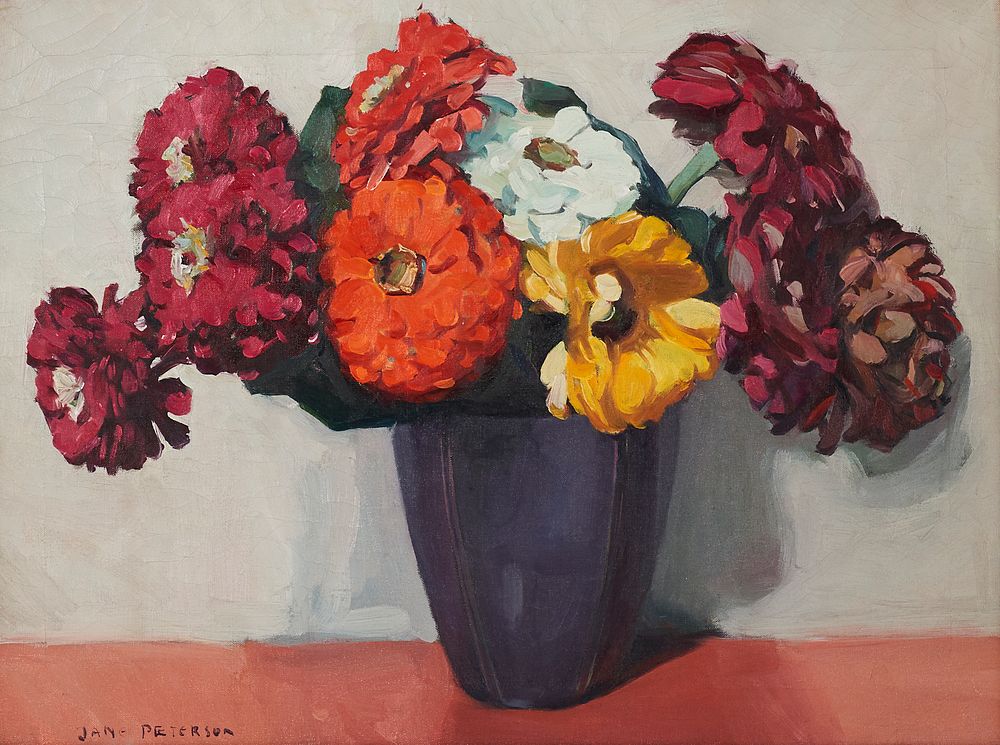 le_pho_banner 2 Jane Peterson "Nine Zinnias in Purple Vase" Oil on Canvas