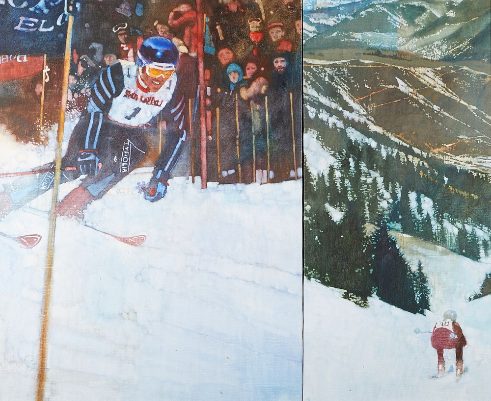 le_pho_banner 2 Bernie Fuchs "Skiing" Oil on Canvas Diptych