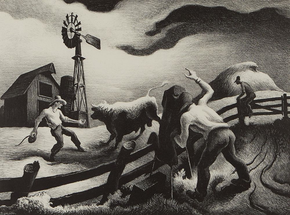 le_pho_banner 2 Thomas Hart Benton "Photographing the Bull" Lithograph 1950