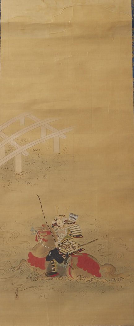 le_pho_banner 2 Japanese Edo Silk Scroll Painting by Kano Chikanobu of a Samurai fording a River on old Silk Brocade Matting