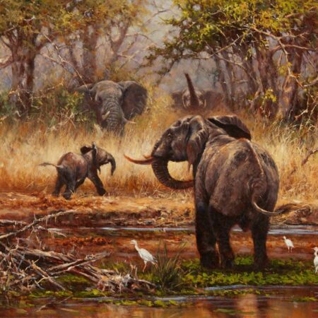 Eric Forlee African Elephants Painting Oil on Canvas