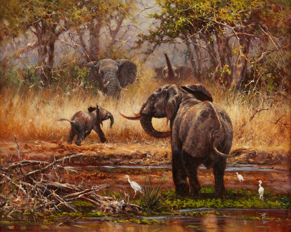 le_pho_banner 2 Eric Forlee African Elephants Painting Oil on Canvas