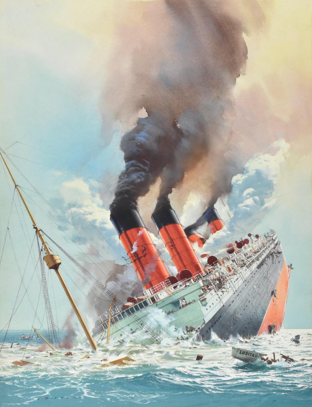 Carl Evers "The Truth About the Lusitania" Gouache on Paperboard