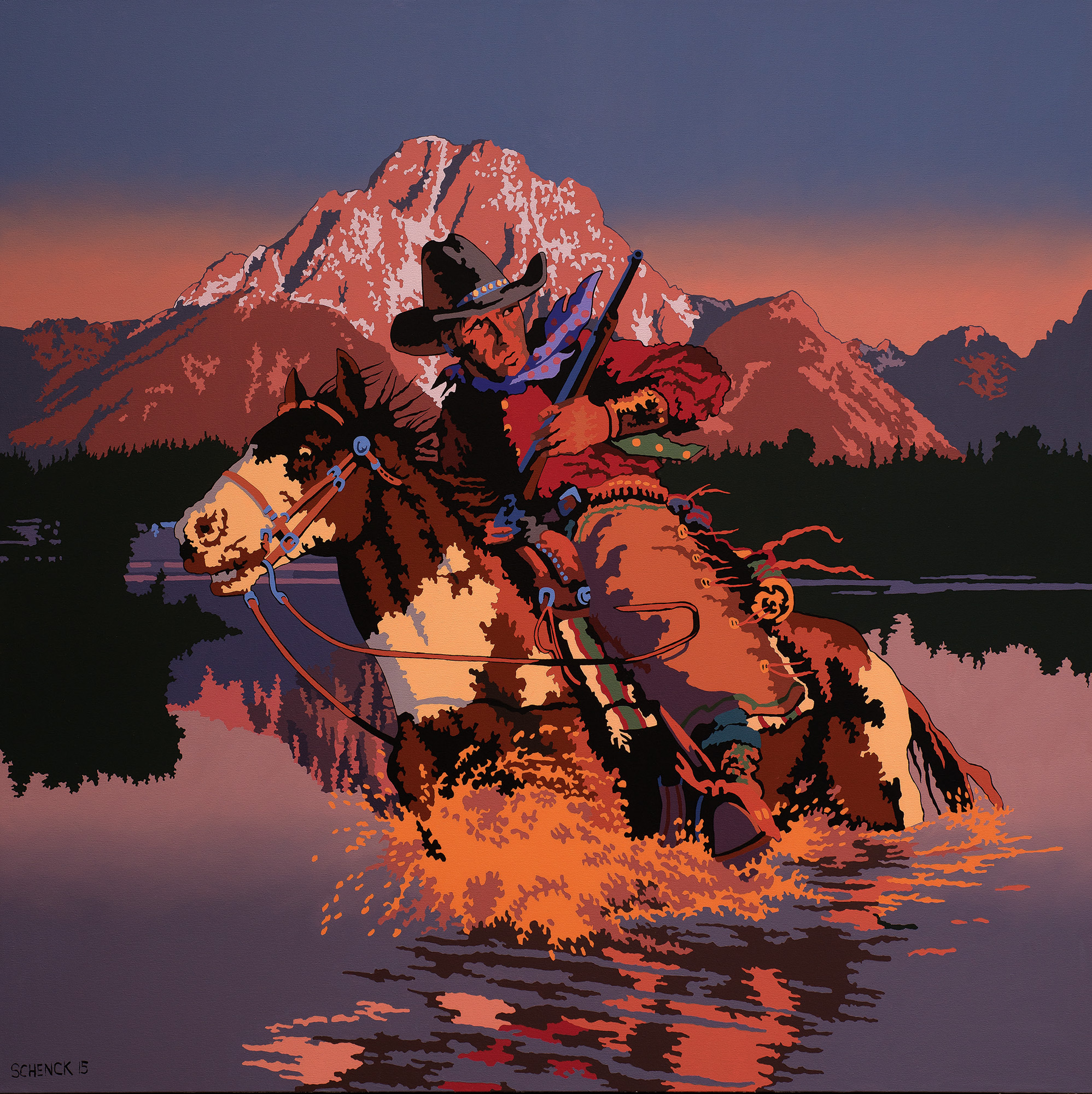 Western cowboy riding a horse through shallow water at sunset with the Grand Teton mountains in the background, stylized landscape artwork.