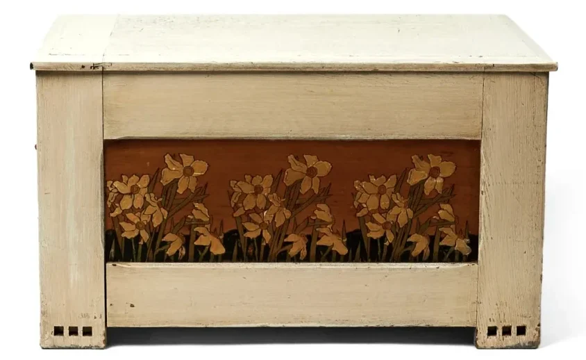 batchelder-shirtwaist-chest-trunk American Arts and Crafts shirtwaist box or blanket chest featuring a pyrography and hand-painted floral landscape panel with Chinese Sacred Lilies blowing in the wind.