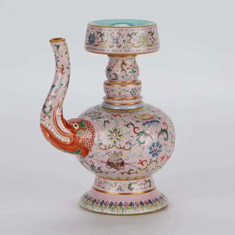 chinese-famille-rose-tibetan-style-ewer Chinese Famille Rose porcelain ewer in Tibetan style with an elephant-head spout and pink floral scrollwork.