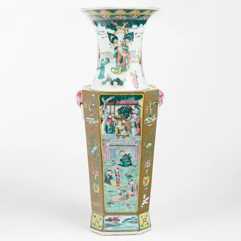 large-qing-famille-rose-porcelain-vase Large Qing Dynasty style Famille Rose porcelain vase featuring ornate figurative panels on a hexagonal, earth-toned body
